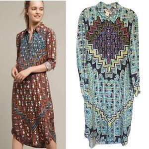 Mara Hoffman Women’s Aztec Multi Color Print Midi Shirt Dress Button Down, Large